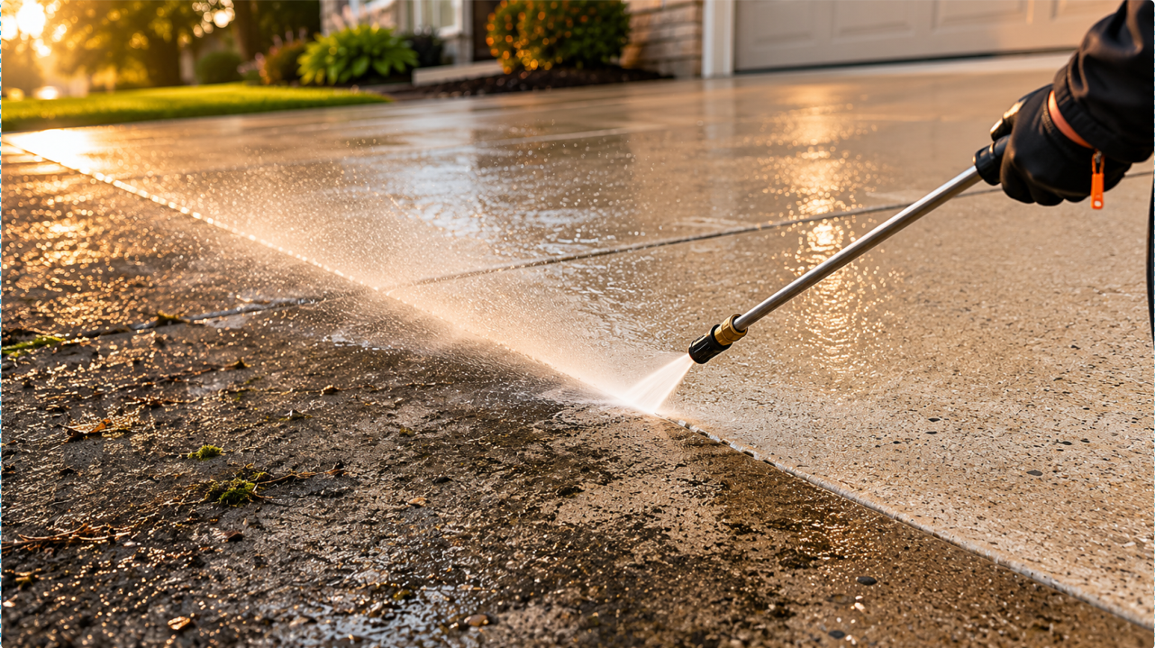 Before and after pressure washing a concrete driveway in Des Moines, IA